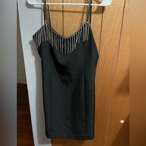 Black Bodycon Party Dress with Rhinestone Fringe
